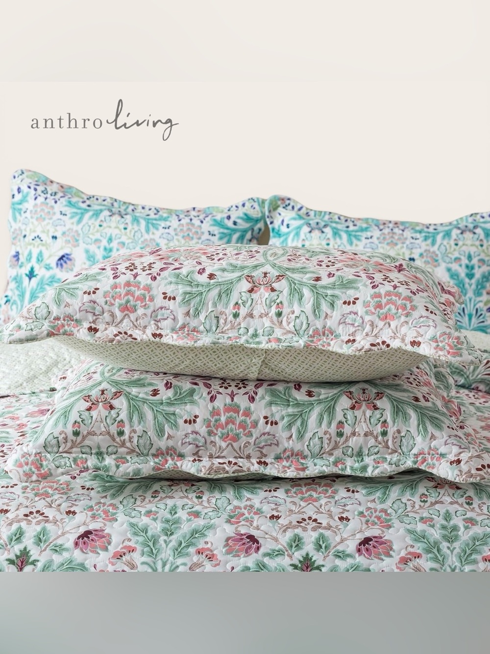 NEW Anthro Green & Pink Floral Reversible Boho Queen King Bedding Quilt Sham Set - Picture 4 of 10